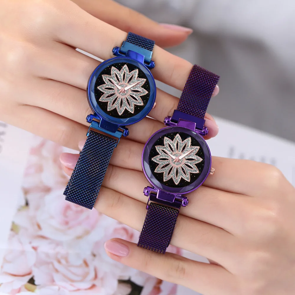 

Luxury Women Watches Personality Romantic Starry Sky Watch Flower-Shaped Glitter Dial Ladies Quartz WristWatch Mesh Strap #F