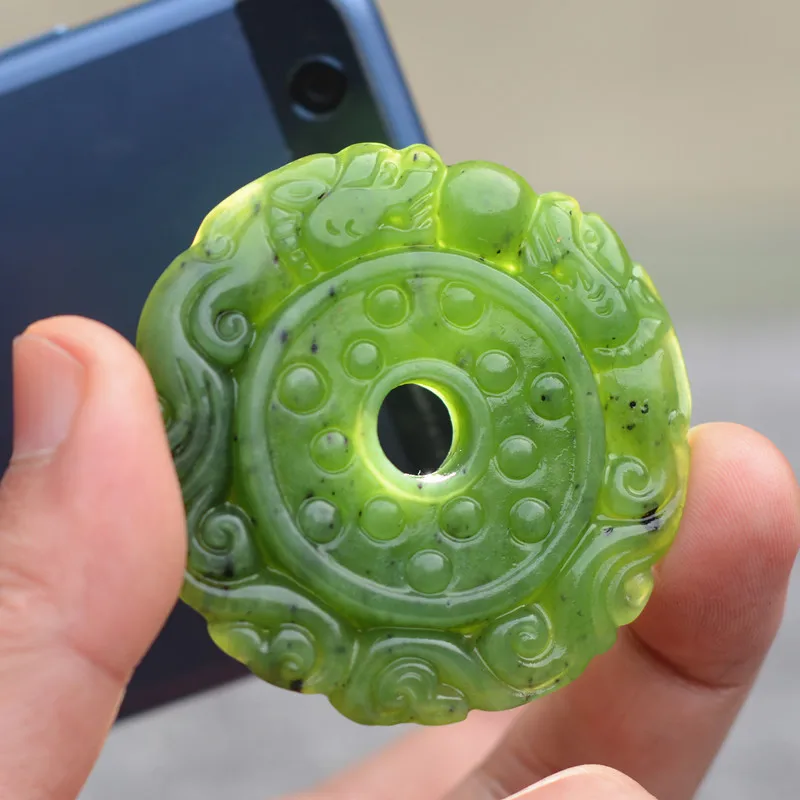 

Natural Green Nephrite Pendant 3D hand carved Hollow Out PIXIU Peace Buckle Pendant Necklace Men's fashion Jades Jewelry