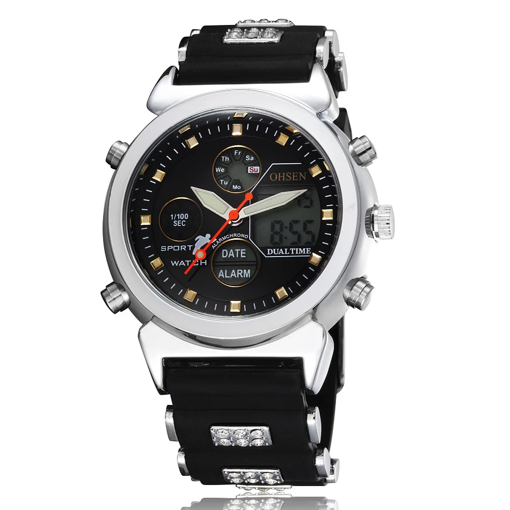 OHSEN digital quartz black women LCD wristwatch 30M waterproof alarm