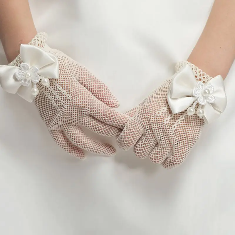 Свадебные перчатки принцессы для девочек; сетчатые Вечерние перчатки с бантом; праздничные аксессуары для дня рождения и церемонии; перчатки для выступлений для девочек