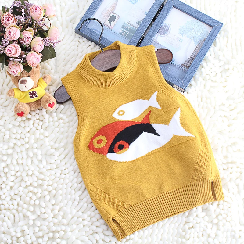 SLKMSWMDJ new autumn and winter children's sweater vest boy girl knit sweater cute cartoon pattern baby comfort vest 15 colors