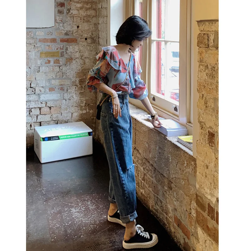 

Network Red Same Dad Pants 2019 Spring Suit New High Waist Straight Tube Jeans Loose Show Thin Net Red Harlan Pants Women