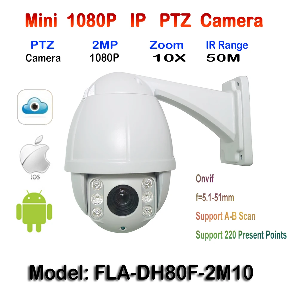 

Outdoor 2.0MP HD 1080P High Speed Dome IR IP PTZ Camera Onvif with 10X Optical Zoom and IR 50M Night Vision,1920x1080 Resolution