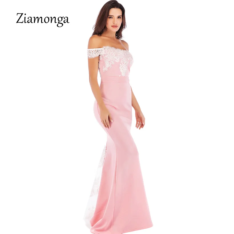 Ziamonga цвета: черный, красный, розовый Для женщин кружевное платье без петелек Клубное платье платья короткий рукав с открытым плечом вечерние официальные длинные платья