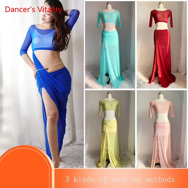 

Women Belly Dance Sexy Mesh Set Short Sleeves Top+Split Long Skirt Belly Dance Competition Suit Oriental Dance Dance Clothes