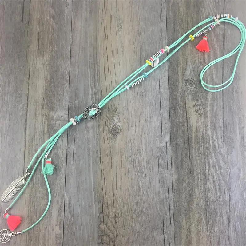 Разноцветные кисточкой кулон aque кожа ожерелье длинной цепи ожерелье Хиппи ювелирные изделия Boho chic подарки
