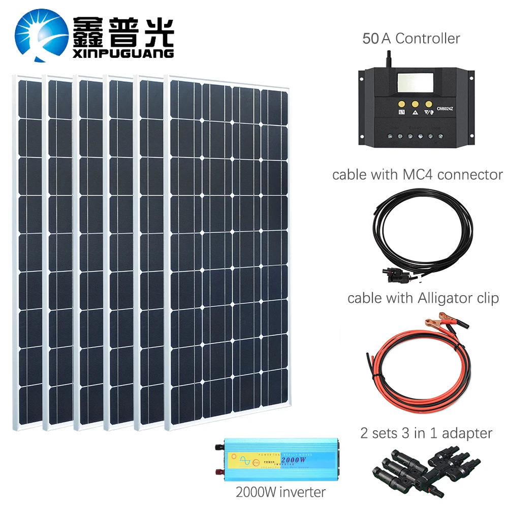 

XINPUGUANG 100w Monocrystalline solar panel 600w solar kits system charge with 2000w inverter for 12v or 24v battery