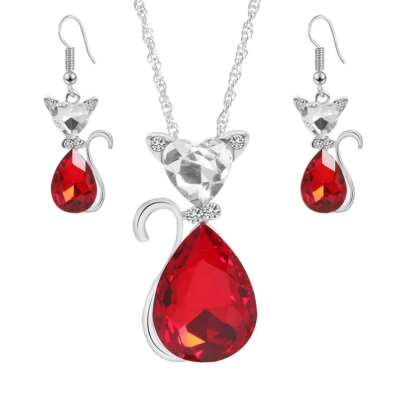 

CBO07 Simple Jewelry Set Short Clavicle Chain Crystal Cute Cat Pendant Necklace Earrings Set