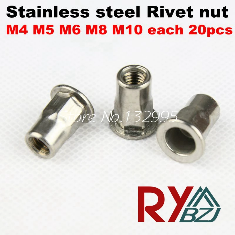

M4 M5 M6 M8 M10 each 20pcs Stainless Steel A2 Flat head hex rivet nut kits Insert nut Blind rivet small head rivet nut