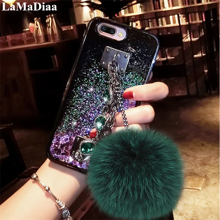 

LaMaDiaa Dynamic quicksand Rhinestones Chain Tassel Case Fox Hair ball Case For SamsungS6 S7 S8 S9 S10 Plus Note8 9 10Phone Case