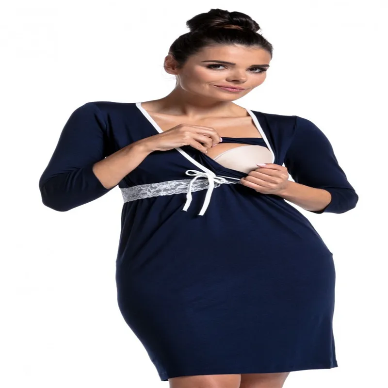 Пижамы для беременных женщин, халат, ночная рубашка для кормящих грудью, мягкая одежда для сна с рукавом 3/4, домашняя одежда, одежда для сна, Халат - Цвет: Sea Blue