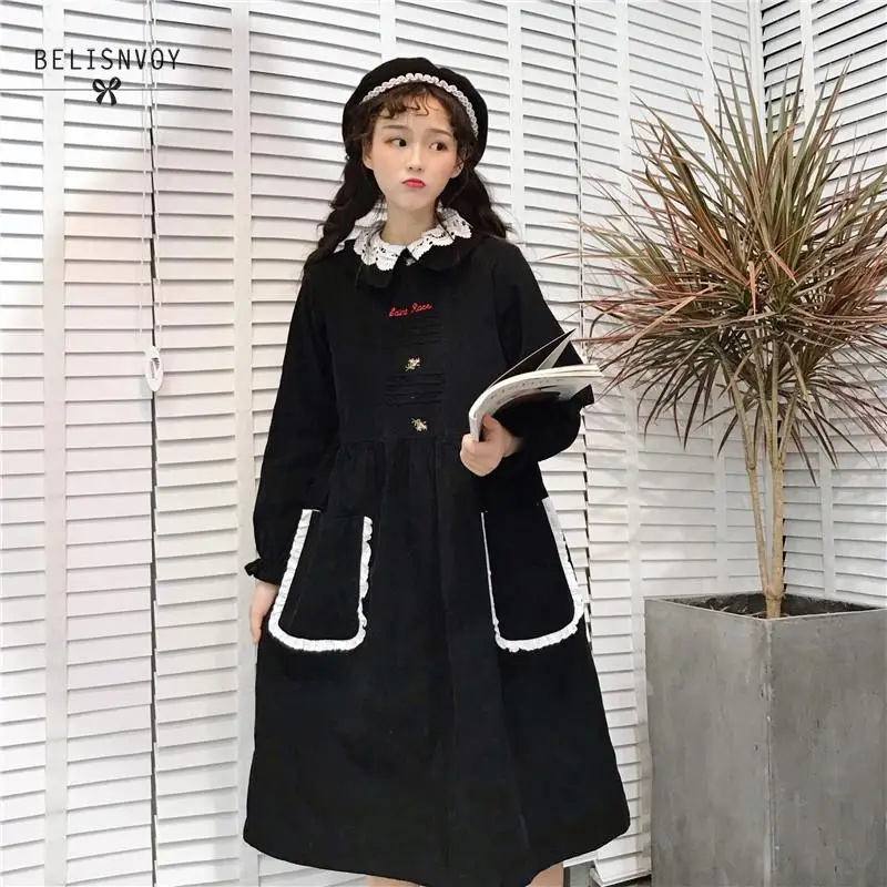 

Japanese Style Cute Kawaii Women Midi Dress Lace Peter Pan Collar Corduroy Black Student Dress Casual Sweet Female Vestidos