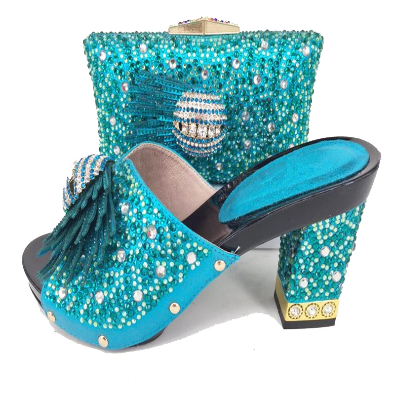 

Middle heel 3.5 inches hand made shoes and bag women set turquoise blue italian design shoes and bag to match 2018 SB8159-6