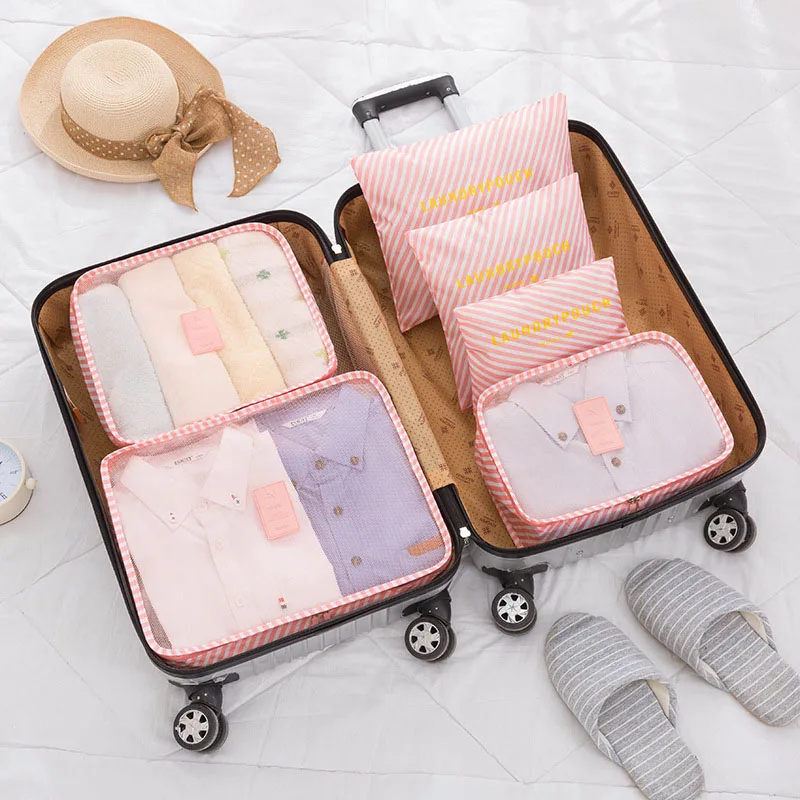 Sereqi Горячая 6 шт./компл. органайзер для багажа сумка переносная дорожная сумка Упаковка объемный органайзер для одежды аксессуары для путешествий - Цвет: Pink stripes