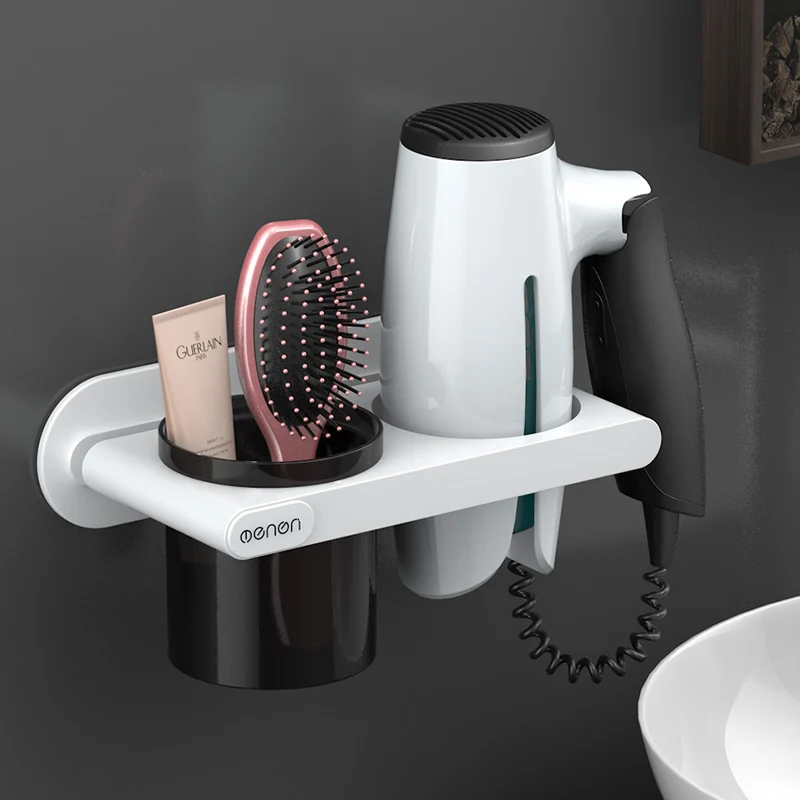 UNTIOR Plastic Hair Dryer Holder with Storage Cup Wall Mount Hair Dryer Shelf Storage Nail Free Bedroom Bathroom Accessories Set - Color: White1