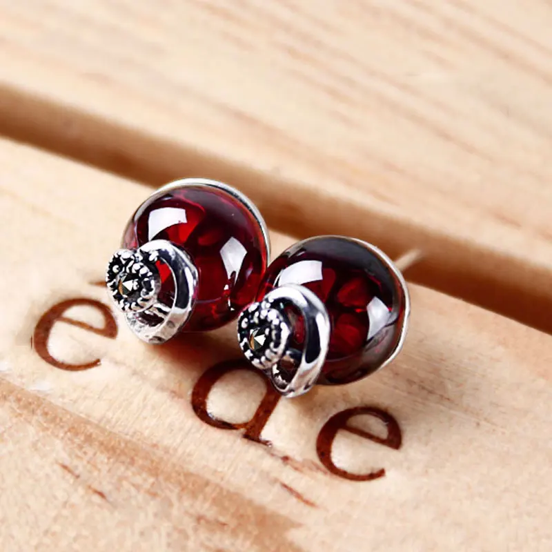 

FNJ Round Ball Garnet Stud Earring Synthetic Red Blue Corundum 925 Silver for Women Heart S925 Sterling Silver Earrings
