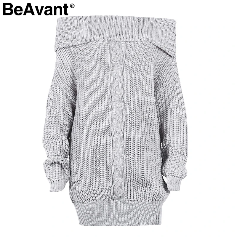 BeAvant Tricot с открытыми плечами зимнее свободное платье женское вязаное платье-свитер большого размера осеннее Новое Повседневное платье-пуловер - Цвет: Серый