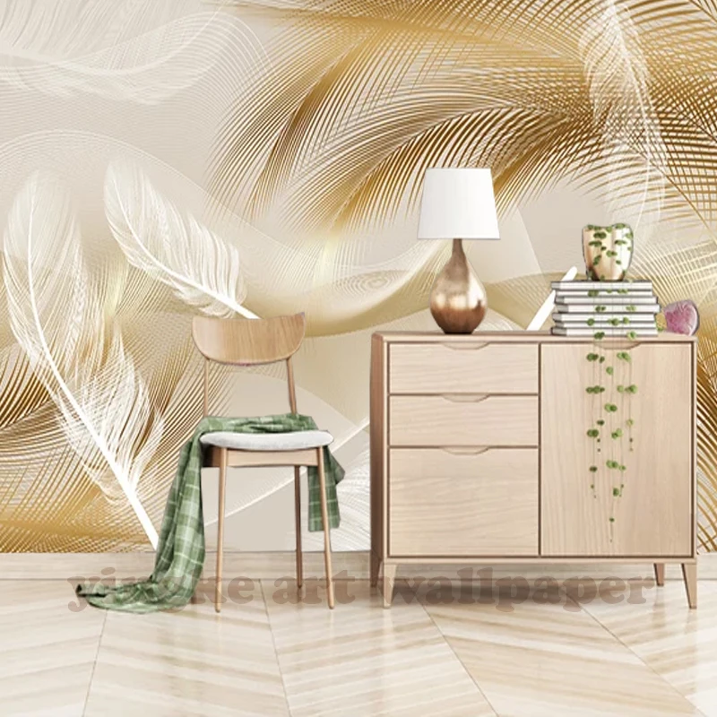 

Custom Modern style 3d photo wallpaper for walls 3 d wall murals 3d mural luxury feather golden lines home decor