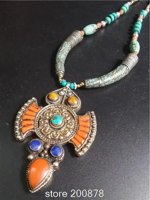 TNL183 Master Design Nepal Indian brass inlaid Stone coral pendant necklace Multi Statements Big Pendants BOHO Necklace