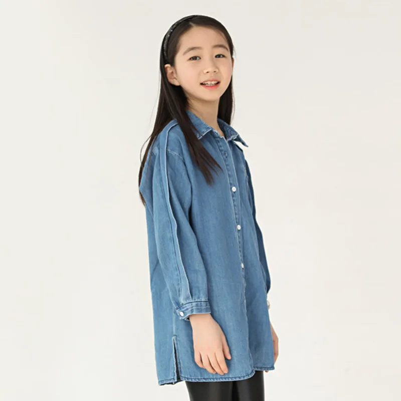 jeans shirts for girls 2018 spring autumn long blue pockets cotton teenage baby girl denim shirt long sleeve coats kids clothes