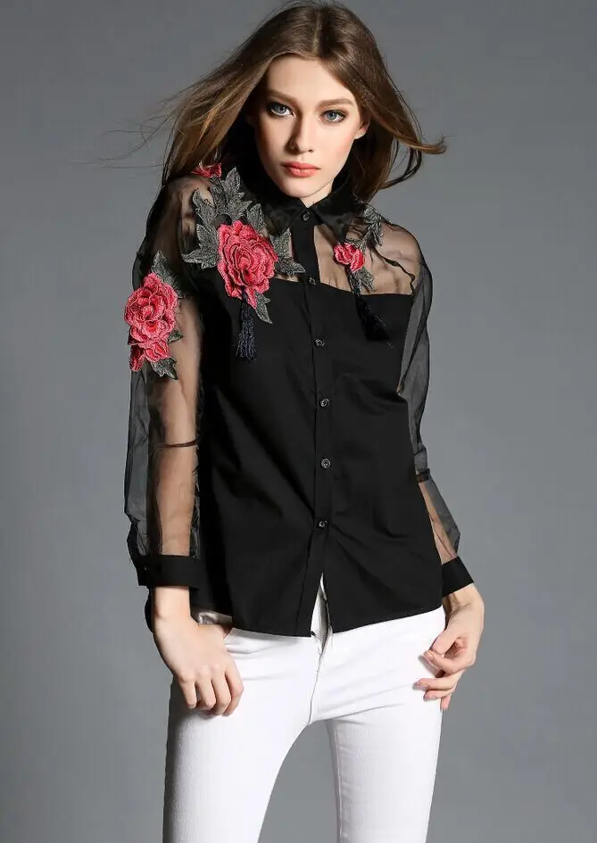 Женская Весенняя Осенняя Повседневная блуза с длинным рукавом, вышитая цветочной кисточкой, рубашка с прозрачной сетчатой панелью, женская блуза