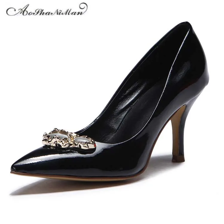 2017 Spring newest design Real Leather heels Elegant Pointed Toe thin heel pumps Genuine leather black shoes For Women 34-41