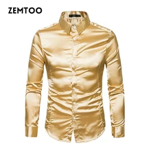 Men’s Luxury Metallic Shirt Men Shiny Silky Satin Dress Shirt Long Sleeve Mens Casual Shirt Performance Wear Social Shirt ZE0344