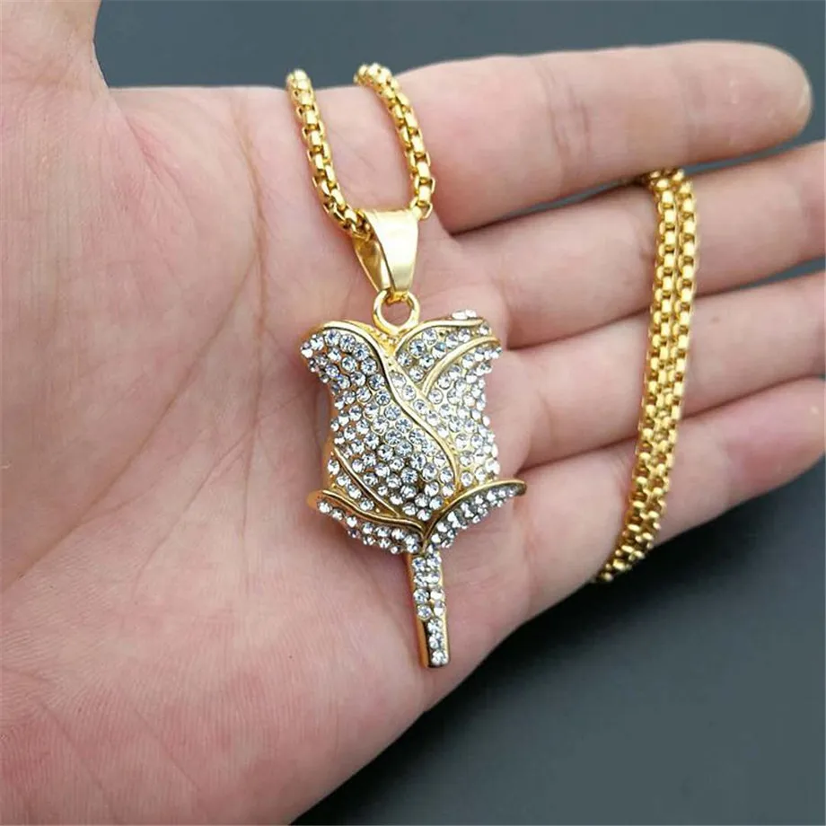 

Dropshipping Gold Rose Flower Petals Necklace & Pendant With Stainless Steel Chain Iced Out Cubic Zircon Men Hip Hop Jewelry
