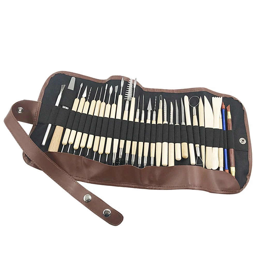 30Pcs Complete Wooden/ Metal /Rubber Pottery Sculpture Clay Carving Tool Kits for Artist Art Creation