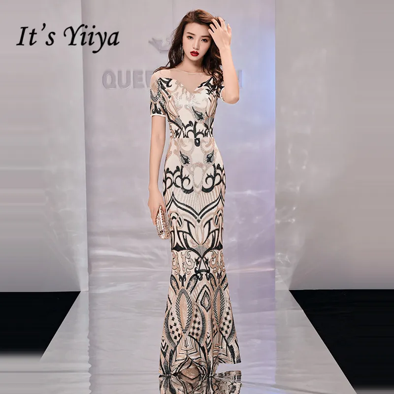

It's YiiYa Evening Dress 2019 Sequins Contrast Color Trumpet Dresses Fashion O-Neck Short Sleeve Patchwork Robe de soiree TR011