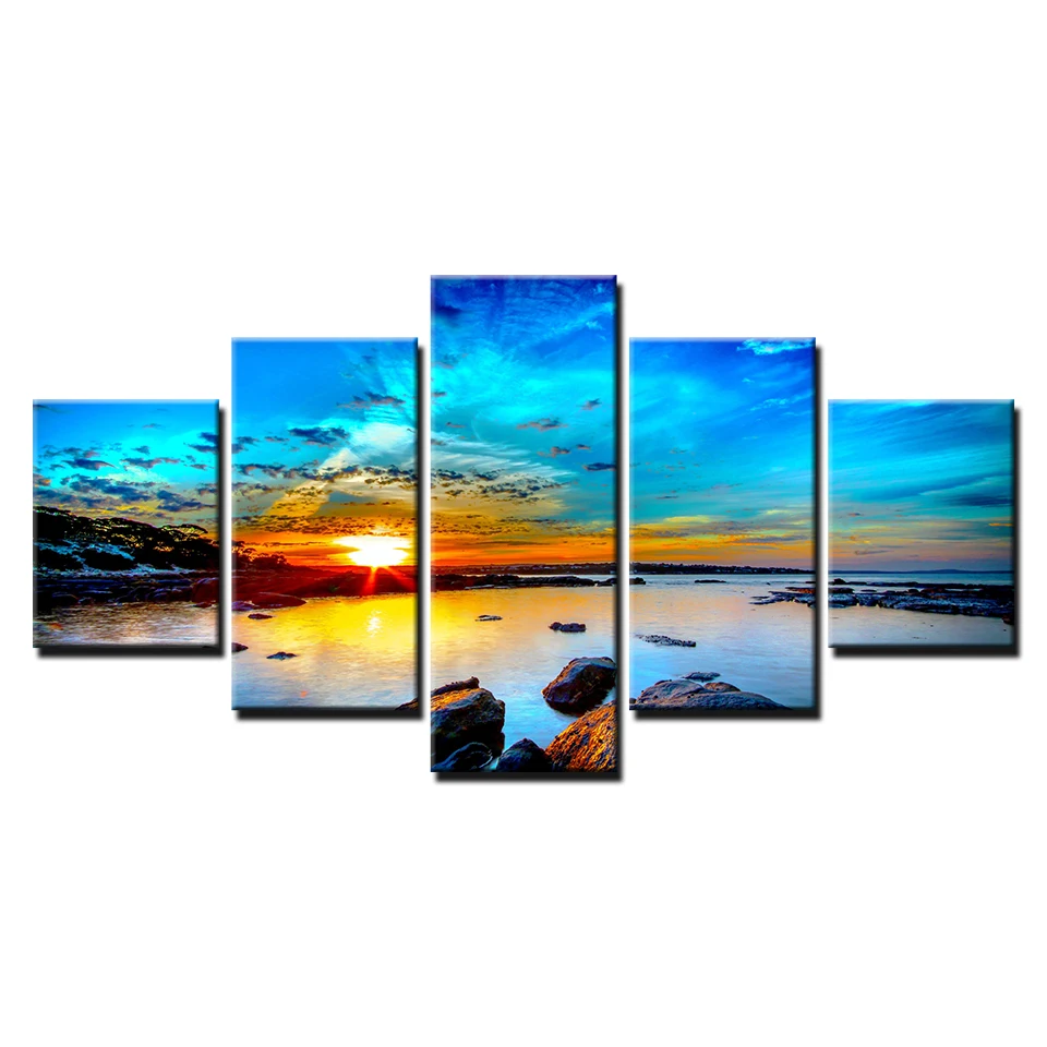 Canvas-Prints-Paintings-Home-Decor-5-Pieces-Blue-Sky-Seaside-Sunrise-Sea-Reef-Pictures-Sunset-Seascape (2)