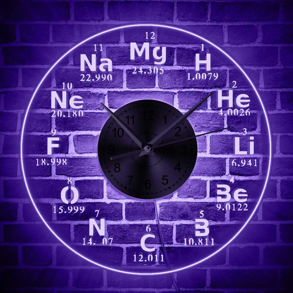 Science Biology Periodic Table Clock LED Wall Clock Chemistry Color Changes 