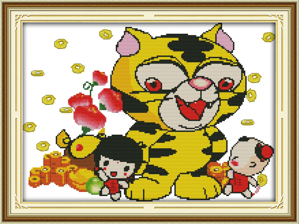 

Lucky Boy Girl and Cat Diy Kit Embroidery Needlework Crafts The Cross Embroidery 11CT Patterns Paintings Home Decor