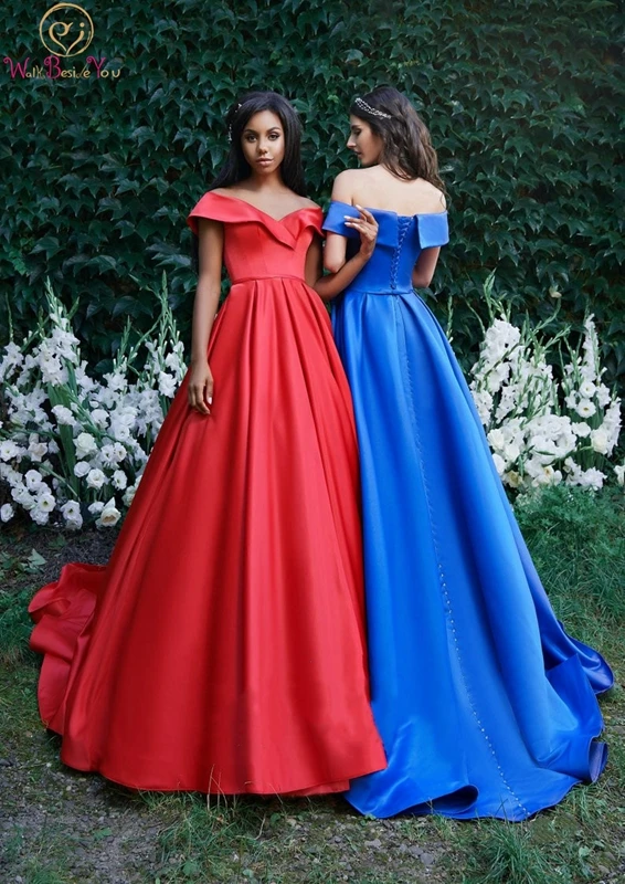 

Blue Evening Dress Lace-up Back A-line Sweetheart Neck Off Shoulder Simple Elegant Tiered Top Sweep Train Satin Custom Prom Gown