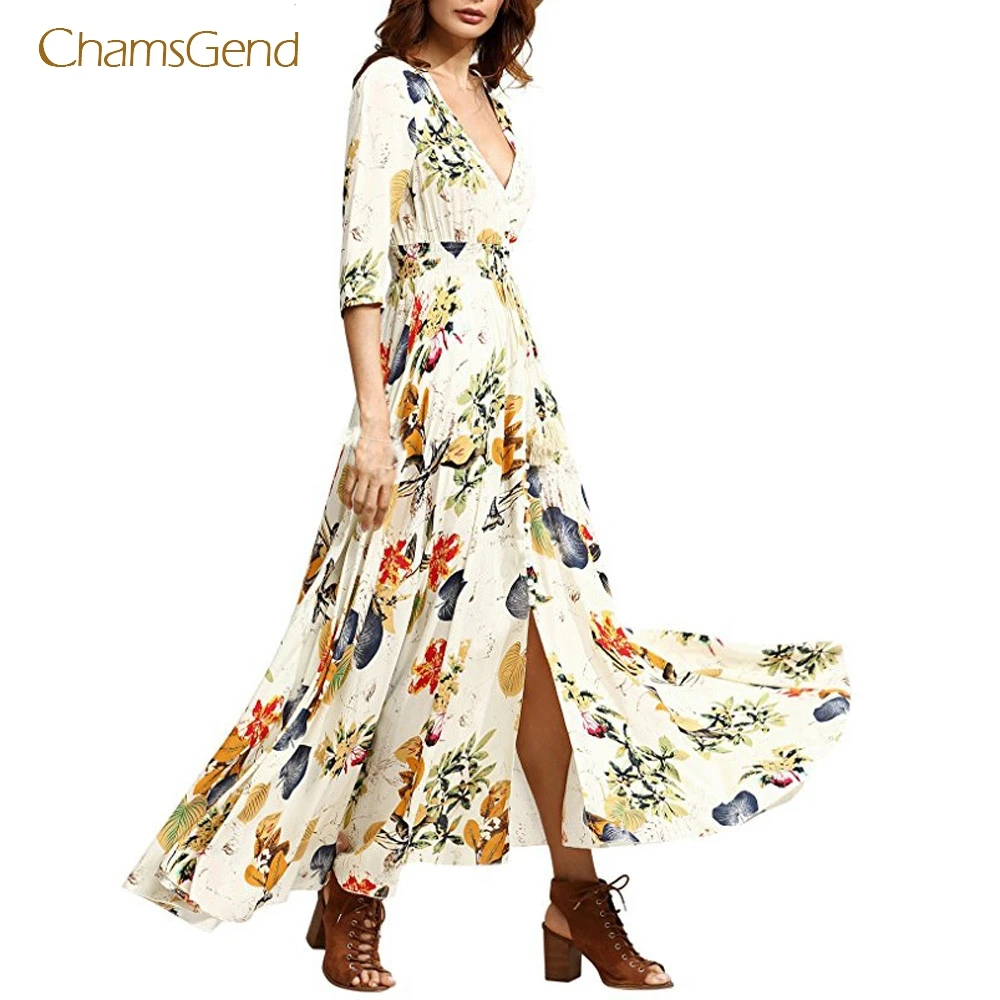 

2017 Hot Selling Dress Sexy Women Long Bohemia Half Sleeve Floral Print Beach Party Casual Dresses CHAMSGEND WillBeen May31*