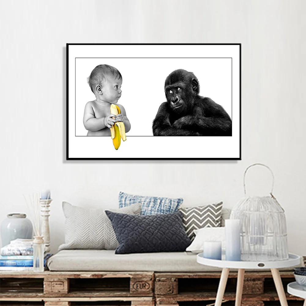 

Pop Art Nordic Style Wall Picture Poster Gorilla and Childen Funny Print Oil Painting on Canvas for Living Room Home Decoration