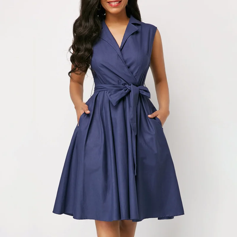 

Summer Women's Loose Casual Lapel Sleeveless Big Pendulum A-line Commute Dress
