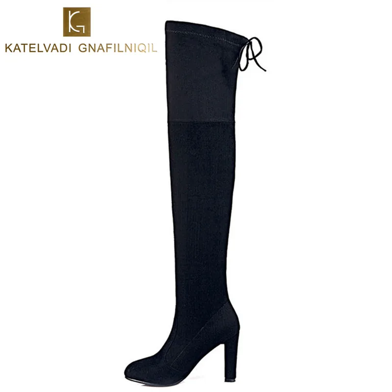 Black Boots High Heels Women Thigh High Boots Stretch Slim Sexy Fashion Over the Knee Winter Boots Woman Female Shoes K-046 hot fashion solid concise suede slim thigh high women boots over the knee winter high heels woman shoes