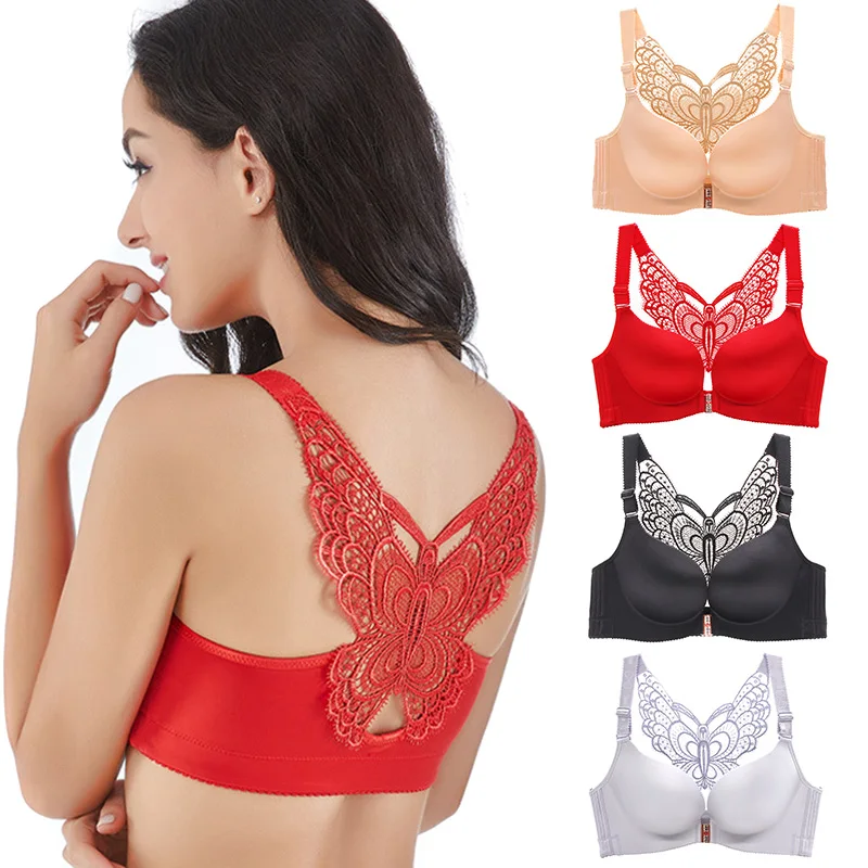 Women Front Closure Push Up Wire Free Smooth Strappy Back Butterfly Bra KNG88