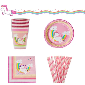 

8Sets Kids Favor Pink Unicorn Disposable Tableware Rainbow Paper Plates Cup Napkin Straw for Children Birthday Baby Shower Decor