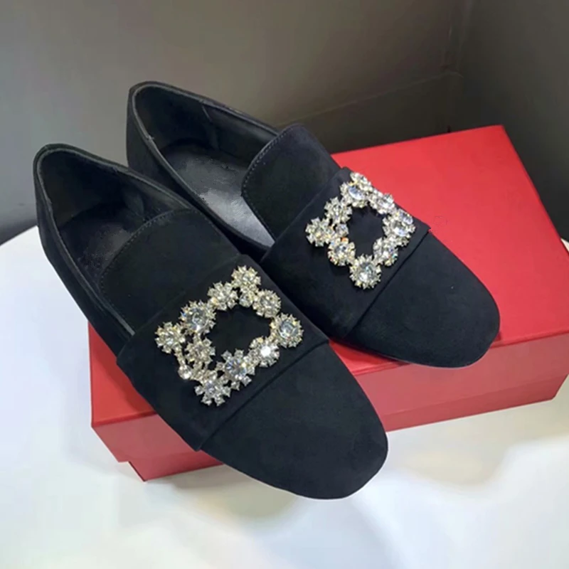 

Suede Leather Women Loafer Fashion Crystal Buckle Decor Square Toe Slip On Flats Loafers Runway Party Dress Shoes Tenis Feminino