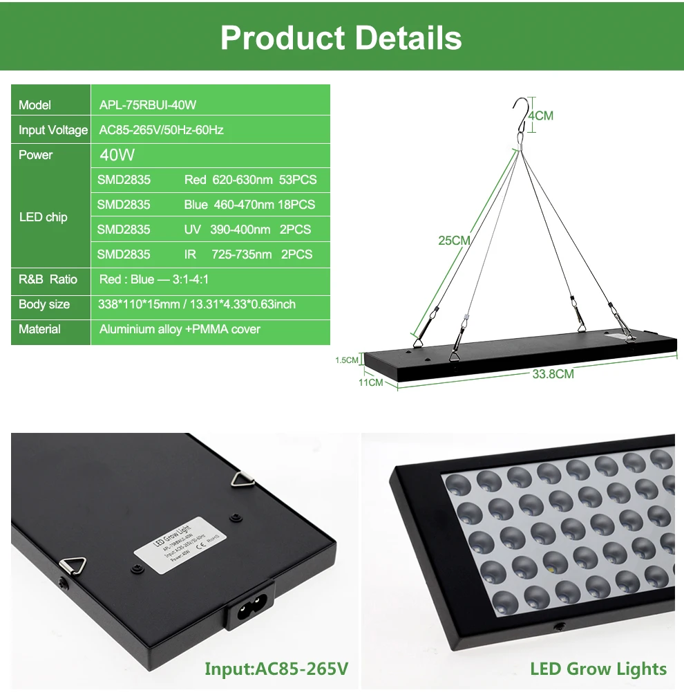 Светодиодный светильник для выращивания полный спектр 40 Вт ультратонкие висячие лампы для выращивания SMD 2835 красный+ синий+ УФ+ ИК для комнатных растения парниковые гидропоники