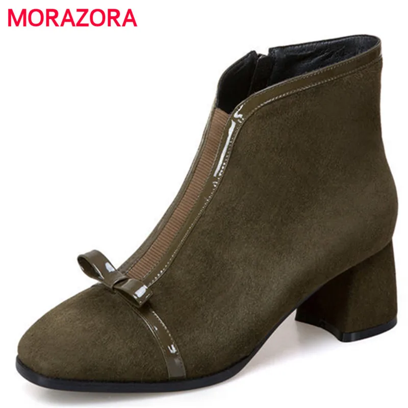 

MORAZORA 2018 new elegant butterfly knot kid suede leather boots fashion hoof heel high heel boots simple square toe ankle boots