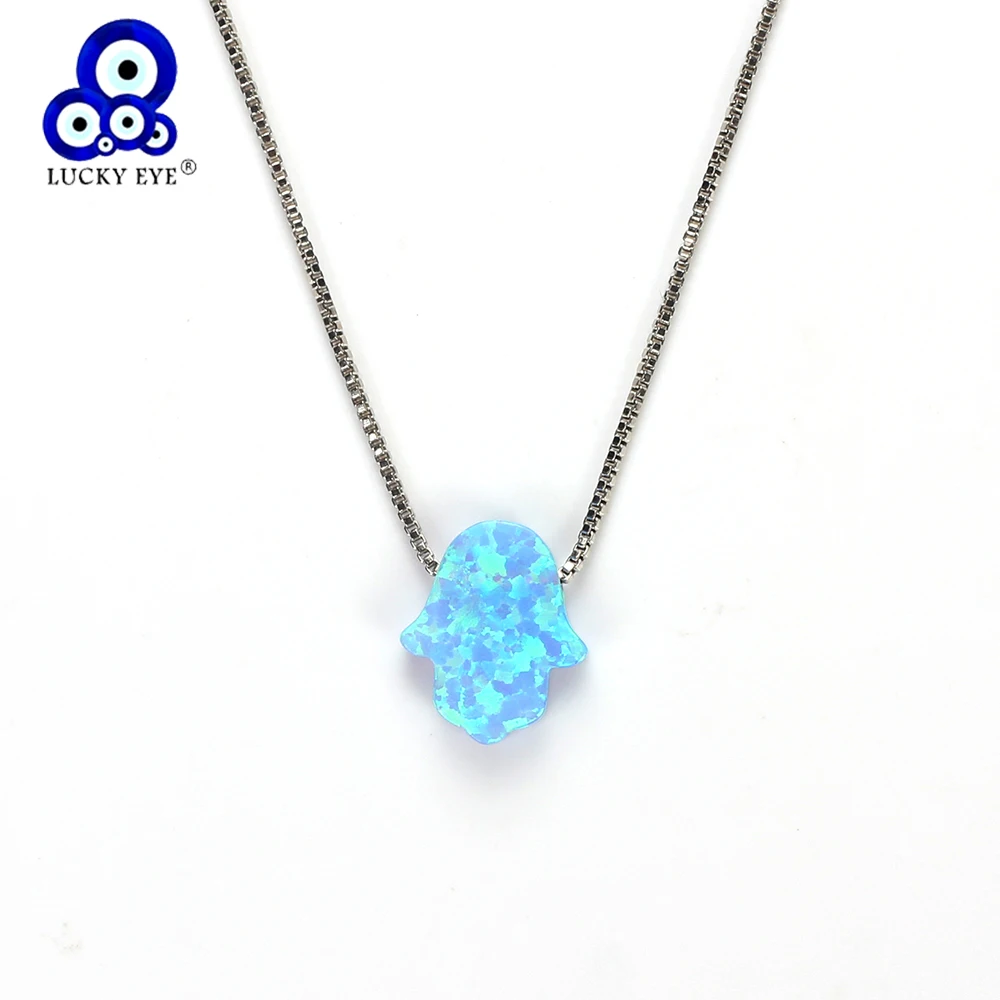 

Lucky Eye Blue Hamsa Hand Opal Pendant Fatima Hand Necklace Copper Link Chain Choker Necklace Jewelry For Women Girl EY4978