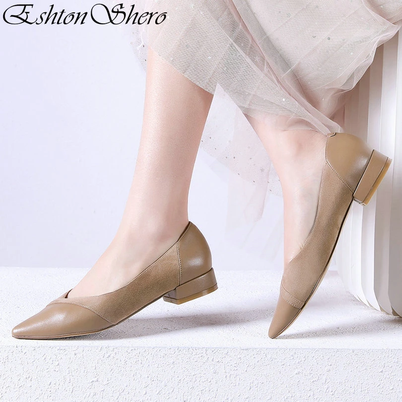 

EshtonShero Spring Women's Shoes Woman Pumps Kid Suede+PU Low Heel Pointed Toe Clogs Apricot 2.5CM Ladies Wedding Shoes Size 3-9