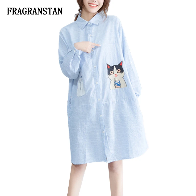 

Women Spring Summer Turn Down Collar Blue Shirt Female Fashion Cat Embroidery Striped Blouse Casual Loose Long Sleeve Top JQ448
