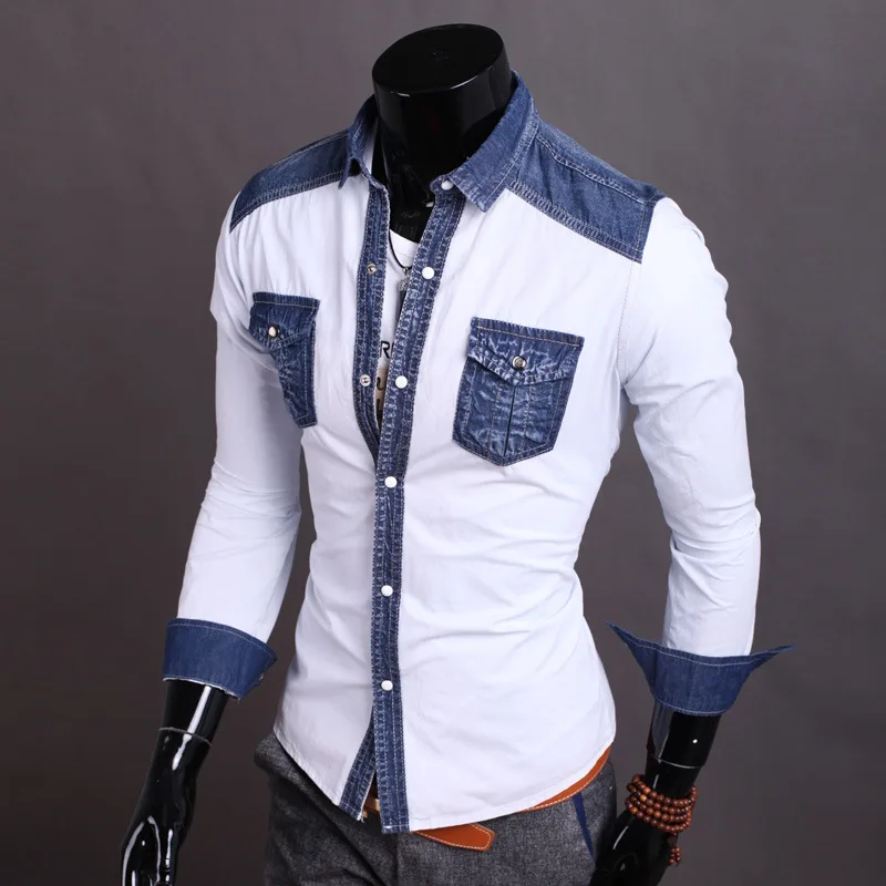 2015 summer denim shirt Slim England hit color stitching design men's fashion casual shirts