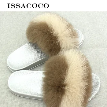

ISSACOCO Women's Flat Indoor Fox Fur Hair Slippers Women Indoor Fur Slides Beach Flip Flops Furry Slippers Women Shoes Pantuflas