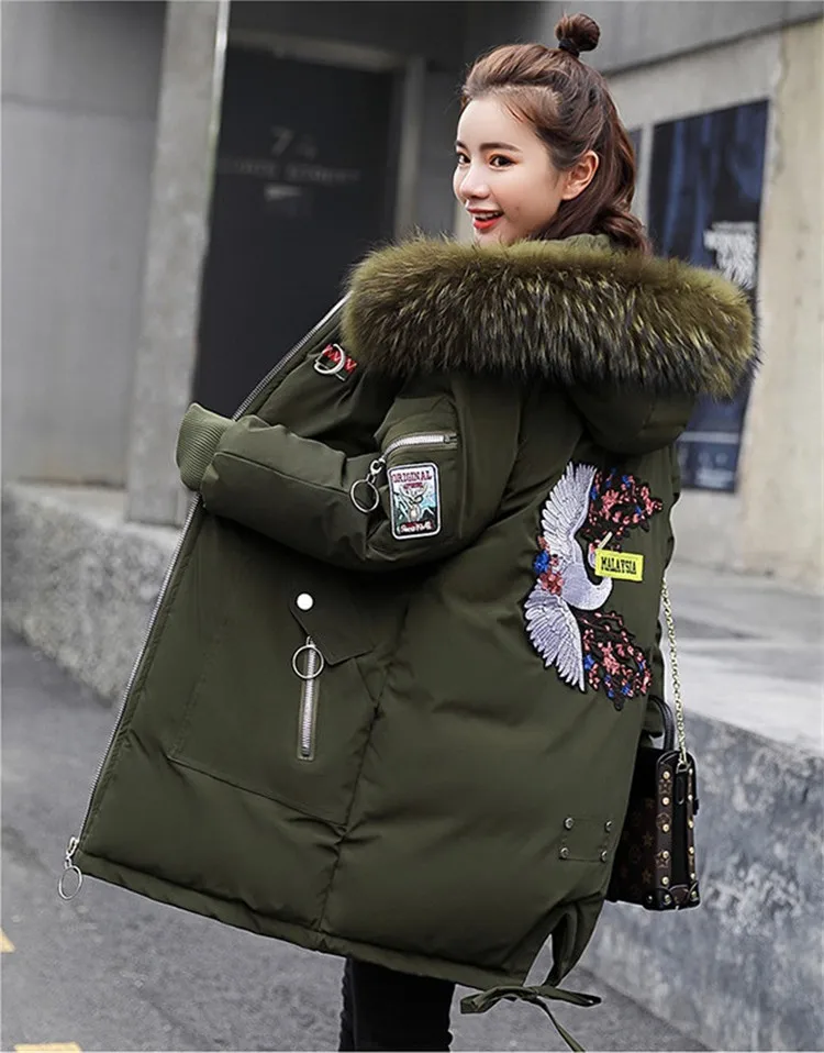 Мода, плюс размер, пуховик, хлопок, женская зимняя парка, свободный, утолщенный, меховой воротник, с капюшоном, с вышивкой, хлопковое пальто для женщин, G391 - Цвет: ArmyGreen