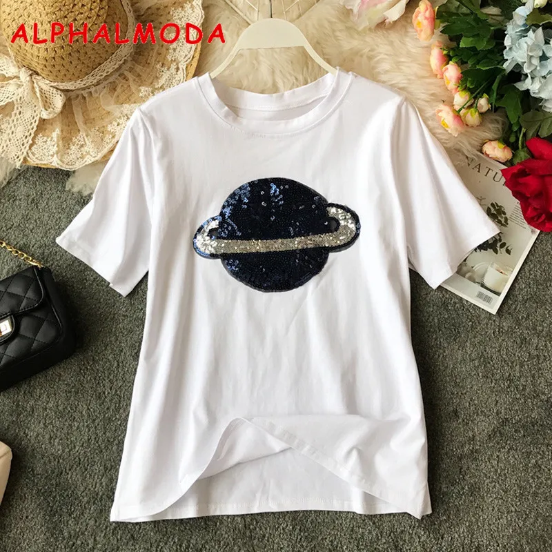 Женская футболка с блестками ALPHALMODA черно-белая хлопковая коротким рукавом
